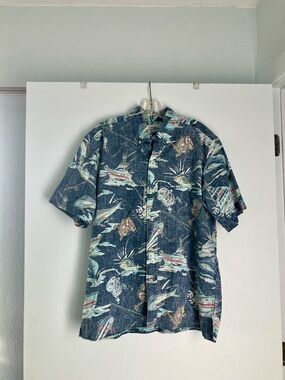 reyn spooner Navy Blue Tropical Fishing Print Button-Down Aloha Shirt